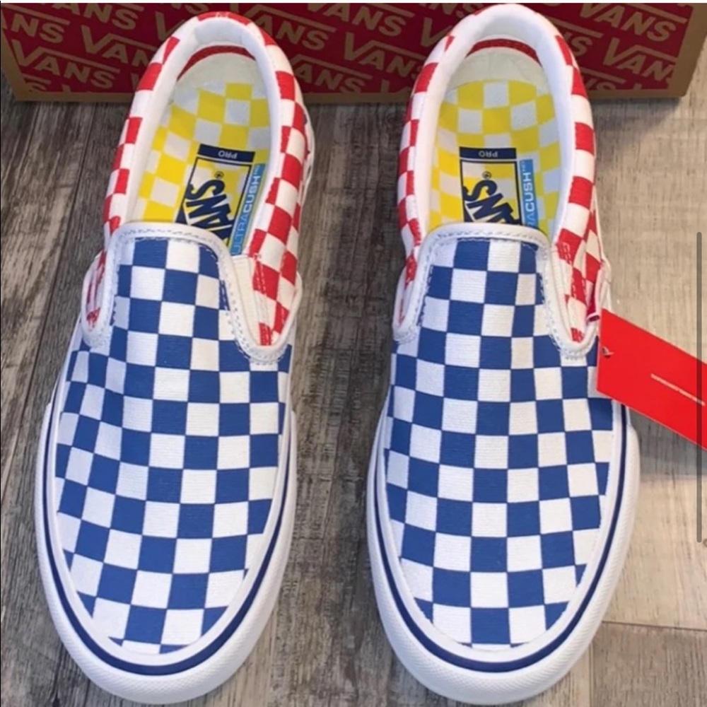 Vans red blue checkered slip on pro shoes sneakers - Picture 4 of 6